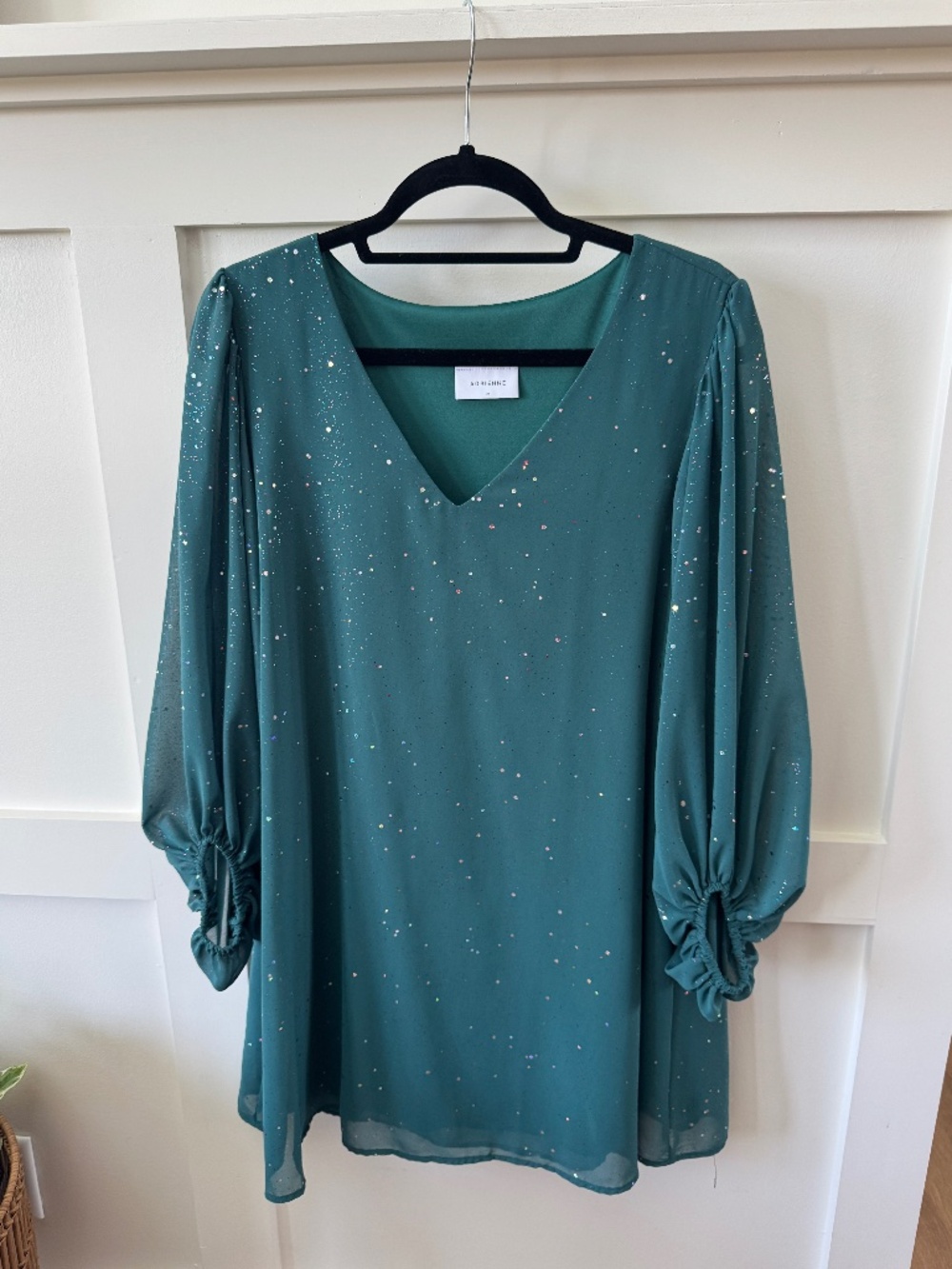 Adrienne Teal Holographic Sparkle Balloon Sleeve Shift Dress - M - Like New